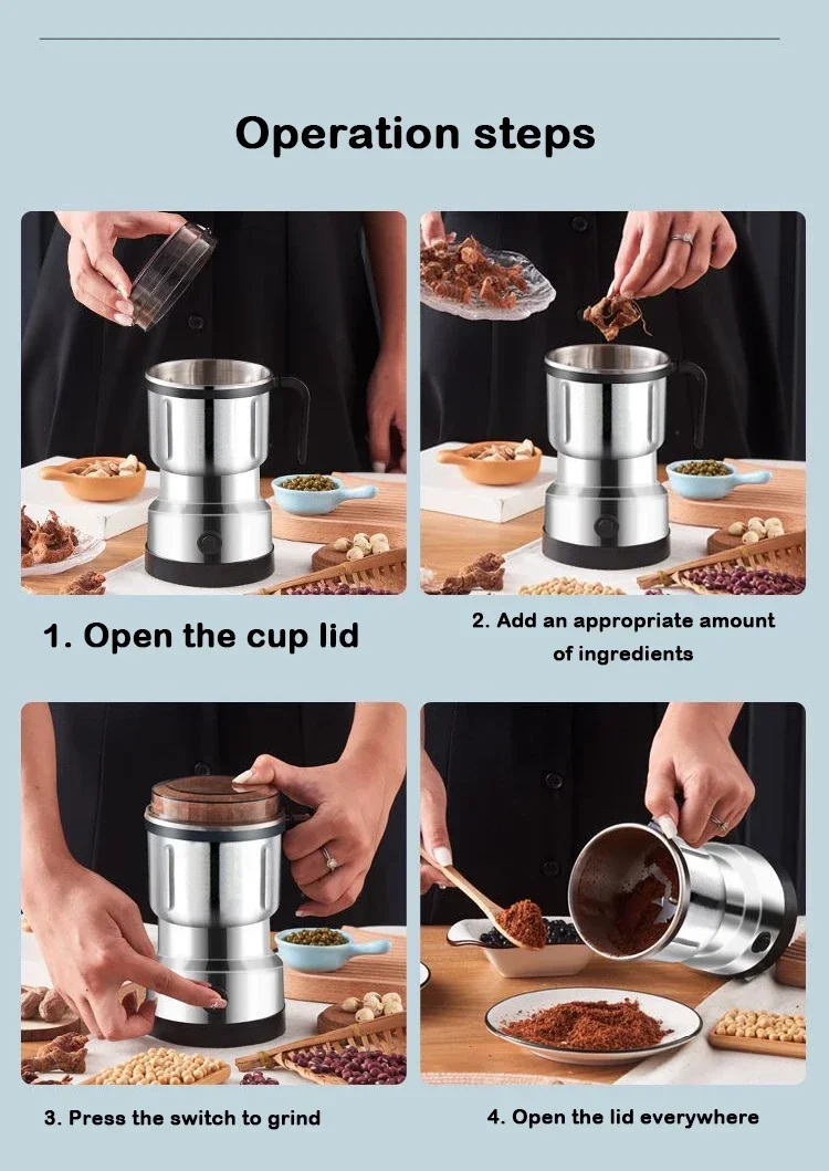 Description Picture 6 of item220V Multifunction Coffee Grinder Stainless Steel Blade Electric Herbs Beans Mill Spices Nuts Grains Cafe Bean Grinding Machine