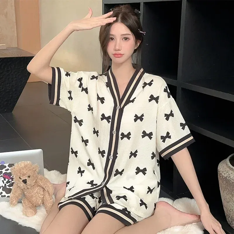 2Pcs/set2xl Pajamas Women's Wale Cotton V-neck Cardigan Short Sleeve Shorts Pajamas Student Set Homewear Letter Plaid Top Shorts