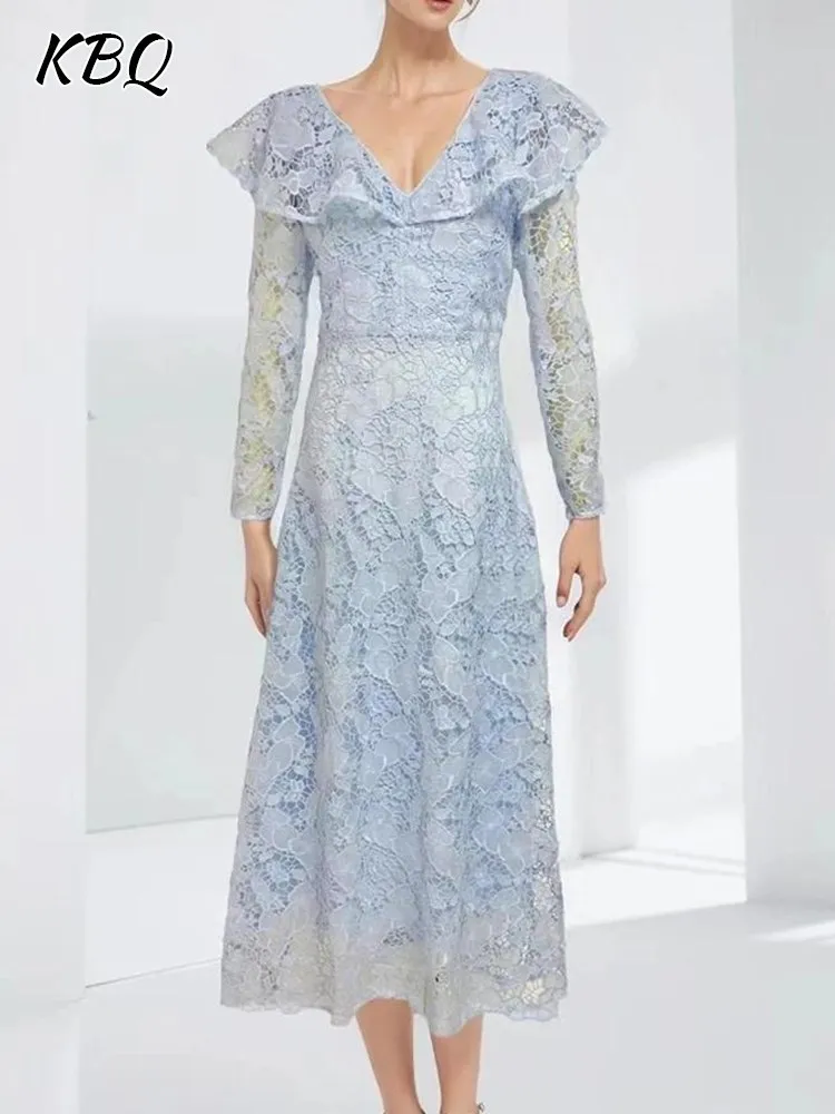 

KBQ Hollow Out Embroidery Dresses For Women V Neck Long Sleeve High Waist Temperament Slimming Casual Dress Female Fashion Style