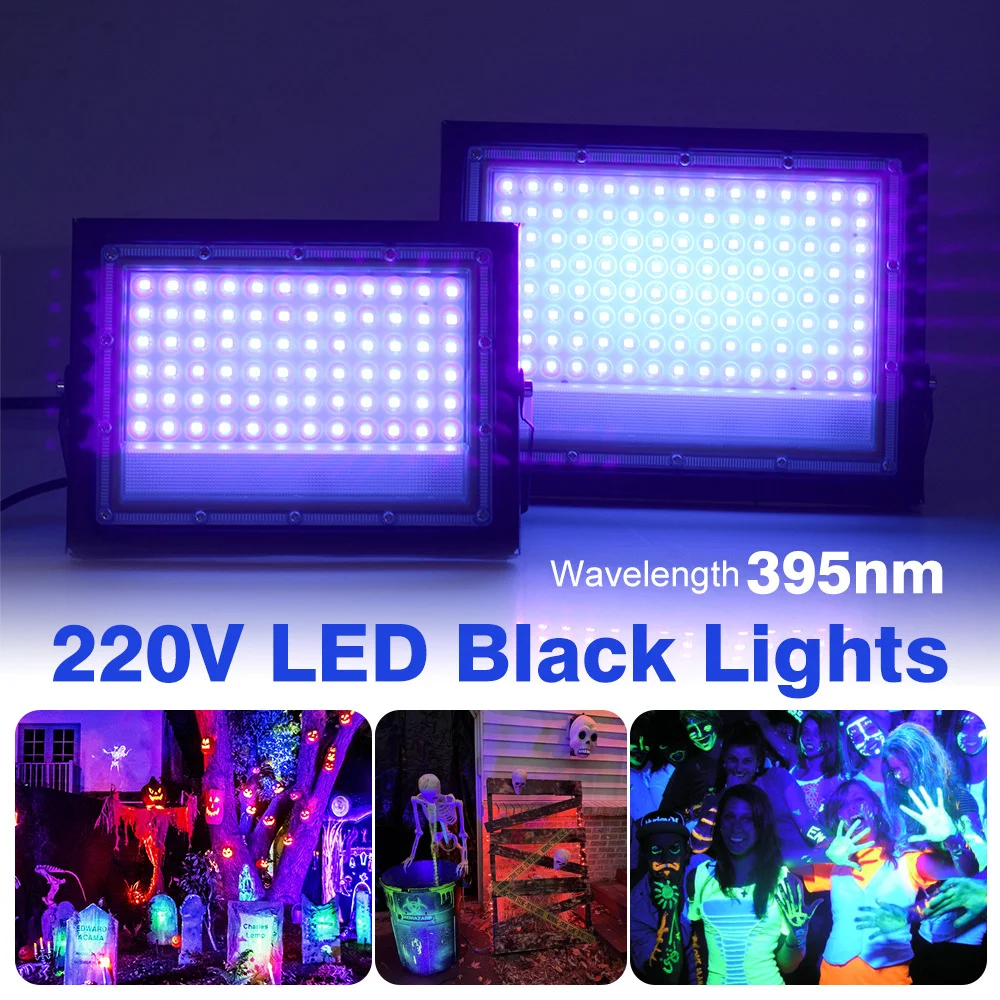 395nm LED UV 투광등 50W 100W 무대 블랙라이트 AC220V EU 플러그 포함 야외 방수 UV 형광 파티 무대 백라이트