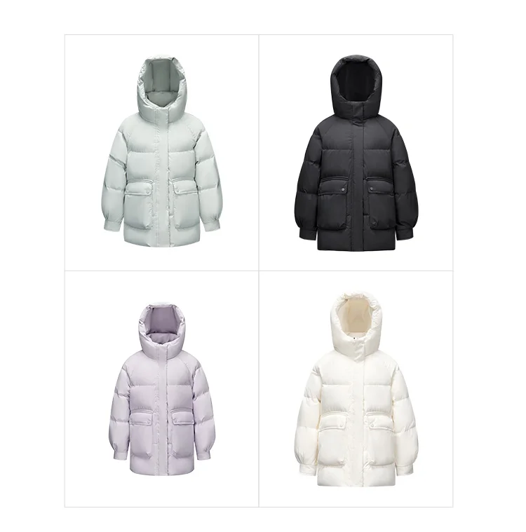 Down Jacket Women Mid-Length Loose Raglan Sleeve Simple Warm Winter Three-Defense Hooded Coat