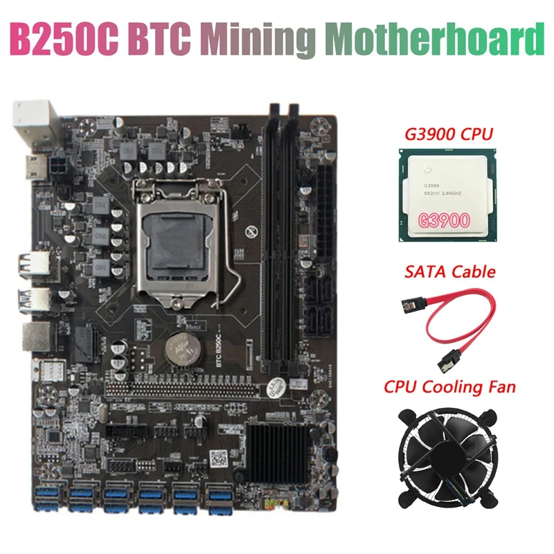 Материнская плата B250C для майнинга BTC с процессором G3900 + вентилятором кабелем SATA