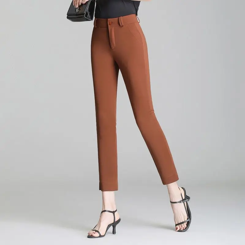 Spring Autumn Fashion High Waist Pocket Solid Color Clothing Casual Versatile Western Commuting Loose Simple Capris Women Pants autumn fashion solid color comfortable loose type cargo pants temperament commuting casual women elastic buckle faded wash jeans