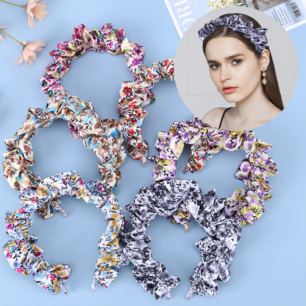 2024New Fasion Hip Hop Small Floral Pleated Headband Retro Style Wide Edge Headband Wash Out Hair Accessories headband