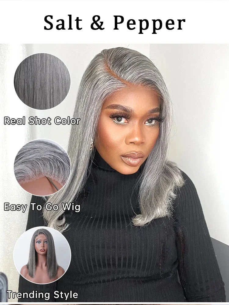 300 Density Salt and Pepper Gray human hair Straight 13x4 HD Lace Front Human Hair Wigs Pre Plucked Colored Lace Frontal Wig