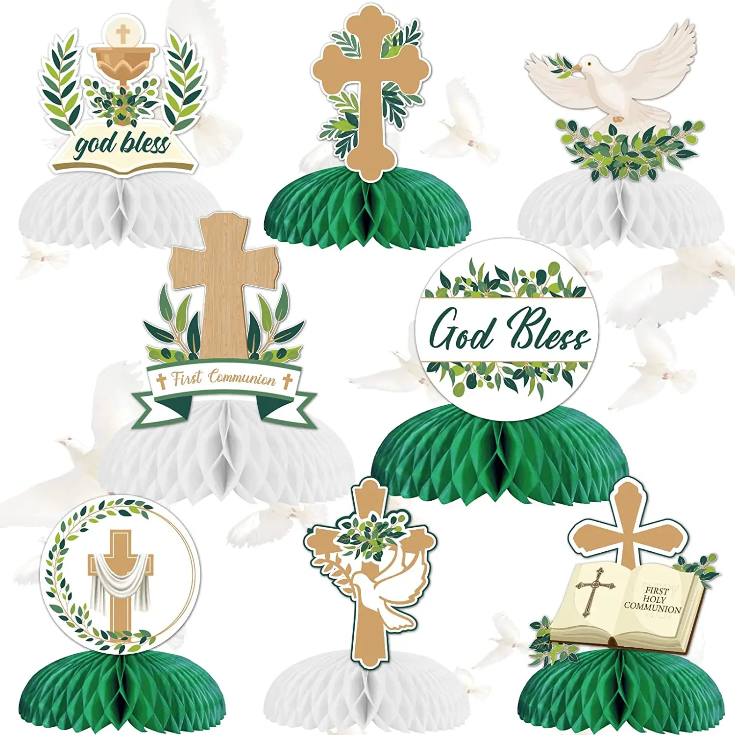 

Baptism Honeycomb Centerpieces God Bless First Communion Party Decorations 3D Table Toppers for Christian Themed Party Supplies