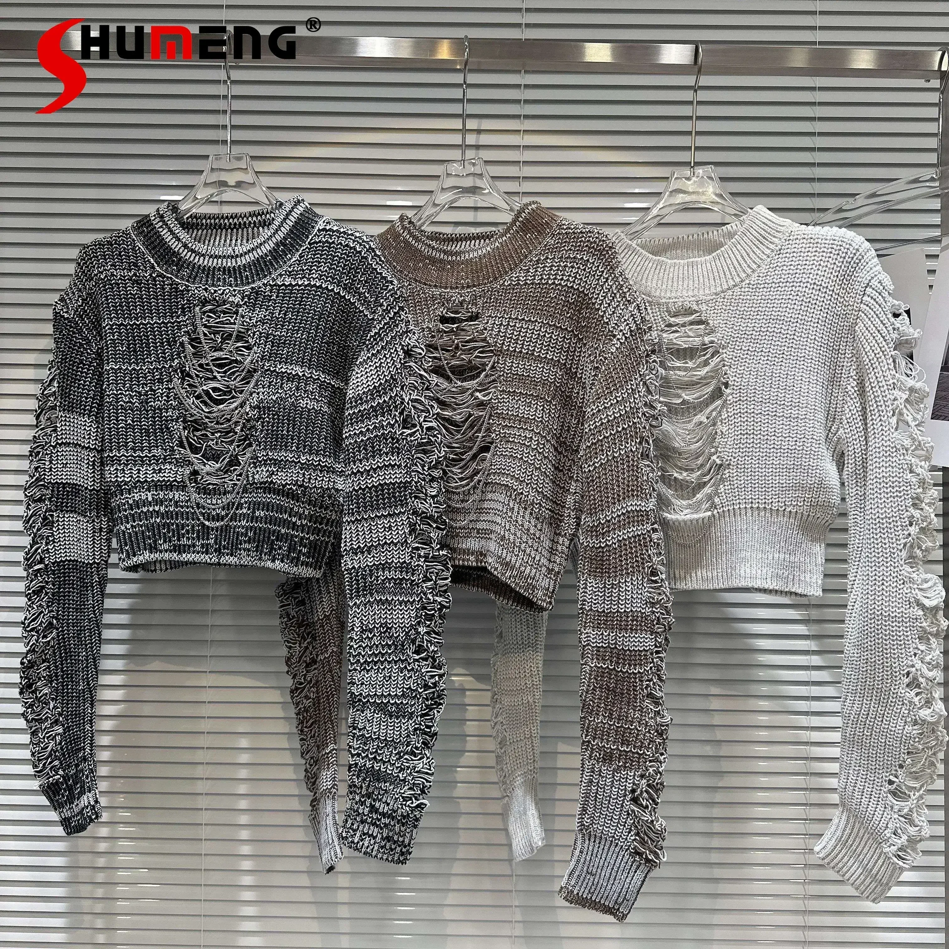 

2023 Women's Autumn New Metal Chain Ripped Distressed Knitwear Fashion Long Sleeve Pullover High Street Hot Girls Sweaters