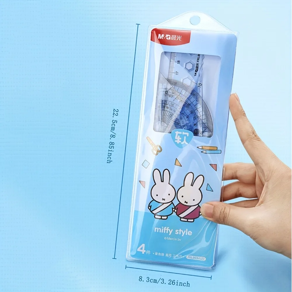 Drawing Tool Set M&G 4pcs Miffy Student Soft Ruler Large Set (20cm/15cm Straight Ruler/Triangular Ruler*2/Protractor) for Measuring Drawing