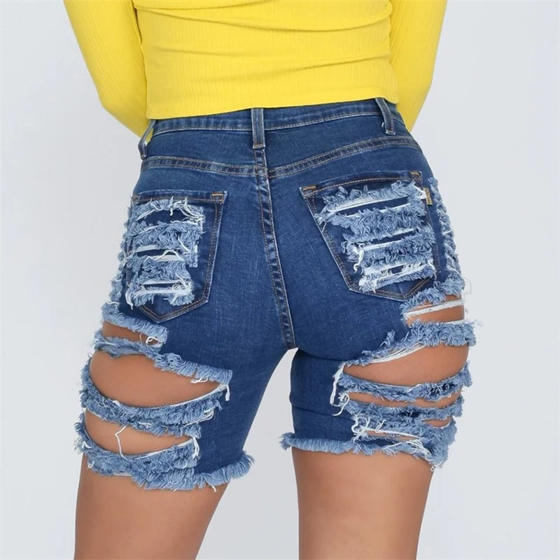 Fashion Broken Holes Hollow Out Denim Shorts Women New High Waist Stretch Three Quarter Pants Female Mini Jeans Trend Streetwear