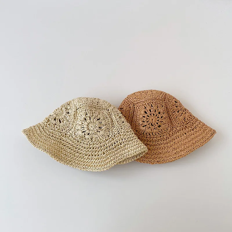 New Summer Kids Straw Hat Summer Girls Baby Outing Sun Hat Retro Hollow Beach Sunscreen Straw Basin Hat Infant Fisherman Cap
