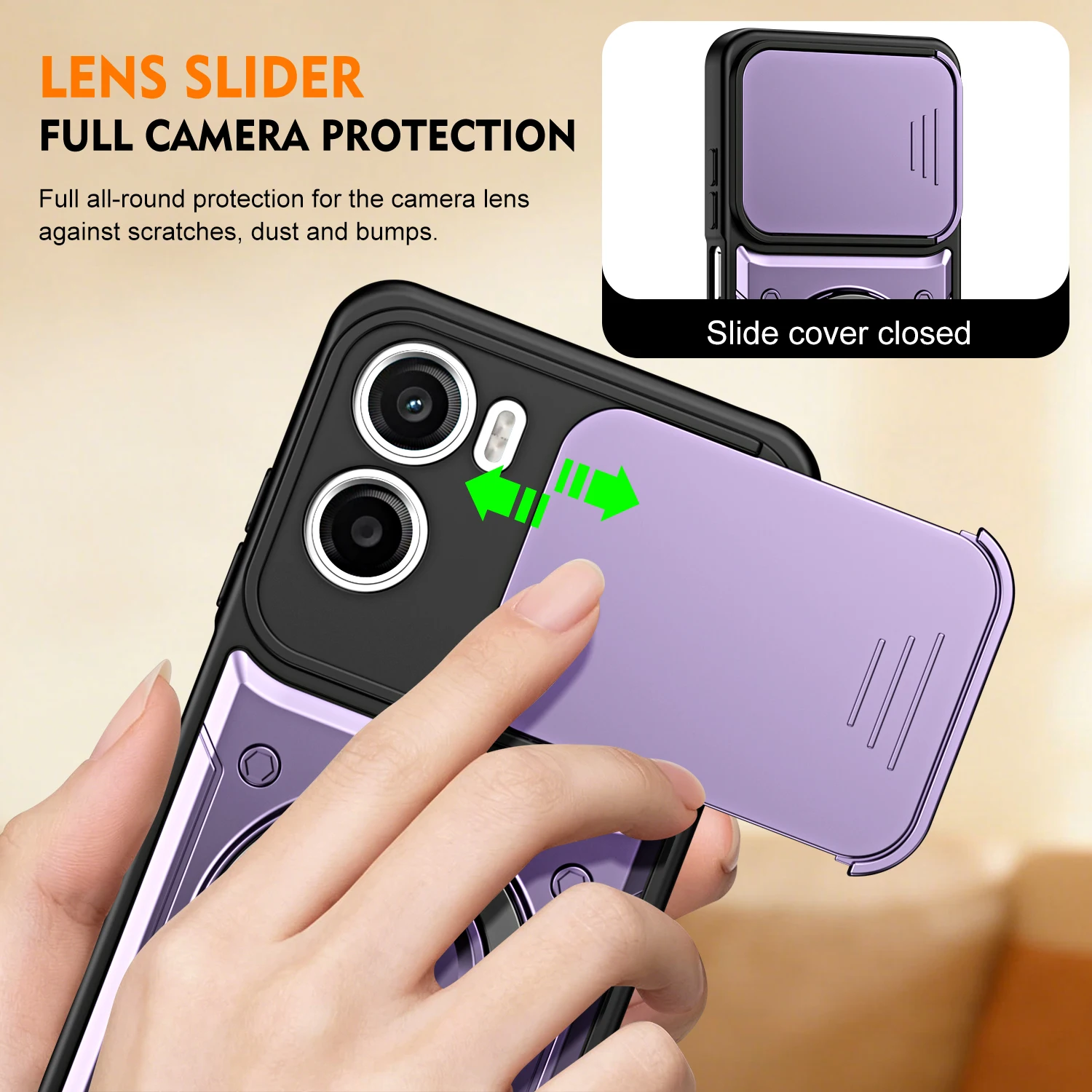 Rugged Armor Shockproof Phone Case with Slide Camera Lens Protection and Ring Stand