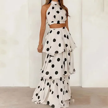 Abbigliamento da donna 2025 estate stile europeo e americano senza maniche a pois con collo appeso + set gonna torta a pois