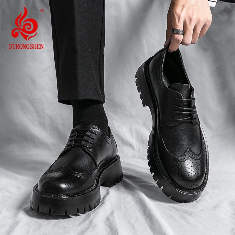 STRONGSHEN Men Handmade Leather Shoes Platform Oxfords Slip On Casual Wedding Shoes Male Derby Shoes Men Formal Dress Shoes