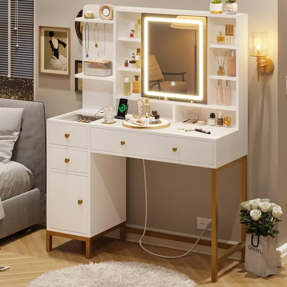 

Makeup Vanity with Lights, Vanity Desk with Openable Mirror & 3-Color Dimmable, White Vanity Table with Charging Station