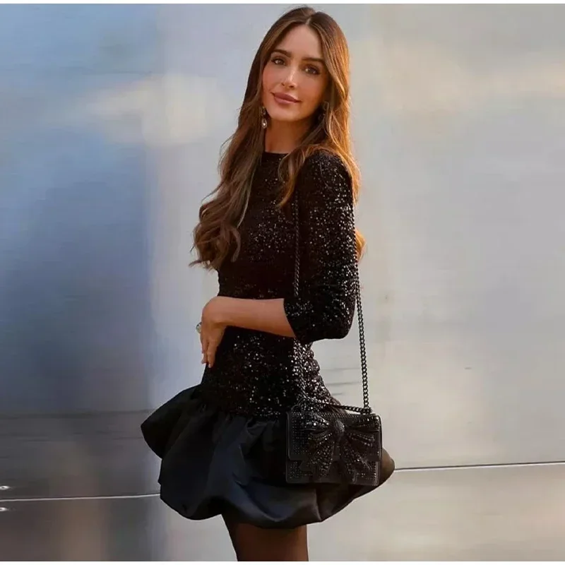 Vestido corto sexy con lentejuelas Y2K y volantes para mujer, elegante, sin espalda, cuello redondo, manga larga, negro, ajustado, para fiesta de otoño