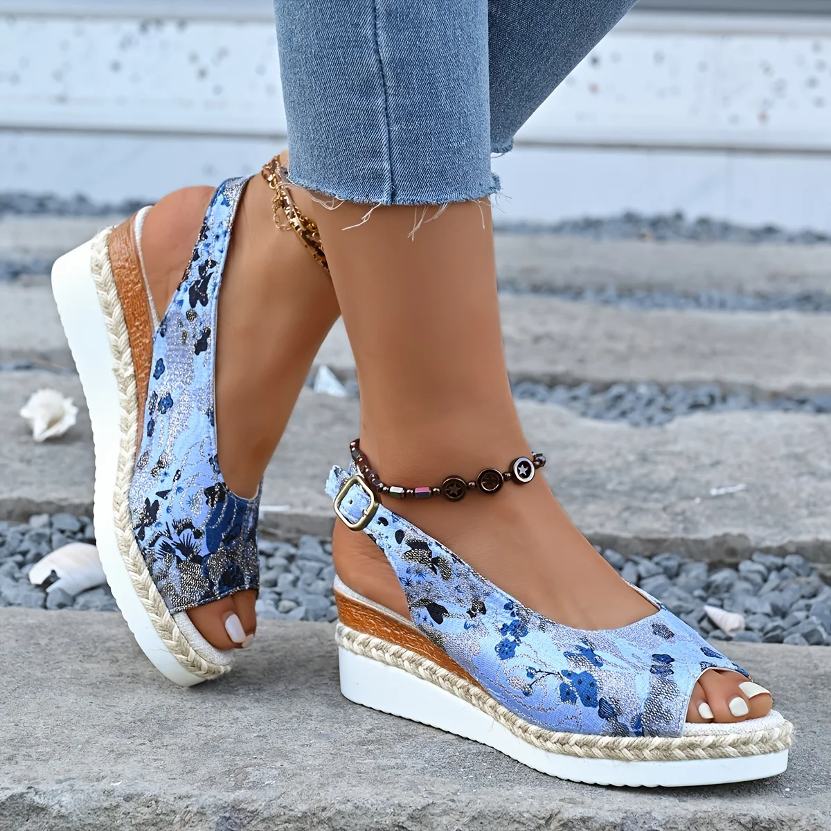 Wedge Flat Sandals Women Summer Slingbacks Peep Toe Platform Shoes for Women Light Non-slip Comfort Fabric Cushion Beach Sandals
