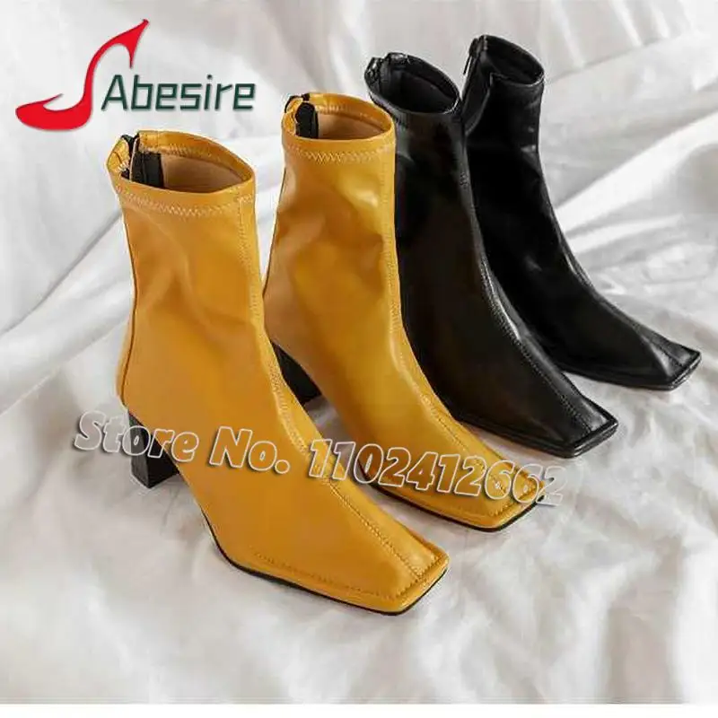 

Spring and Autumn Women's Boots Square Toe Chunky Heel Solid Short Boots Fashion Sexy Ladies Mid Sleeve Elastic High Heels Shoes