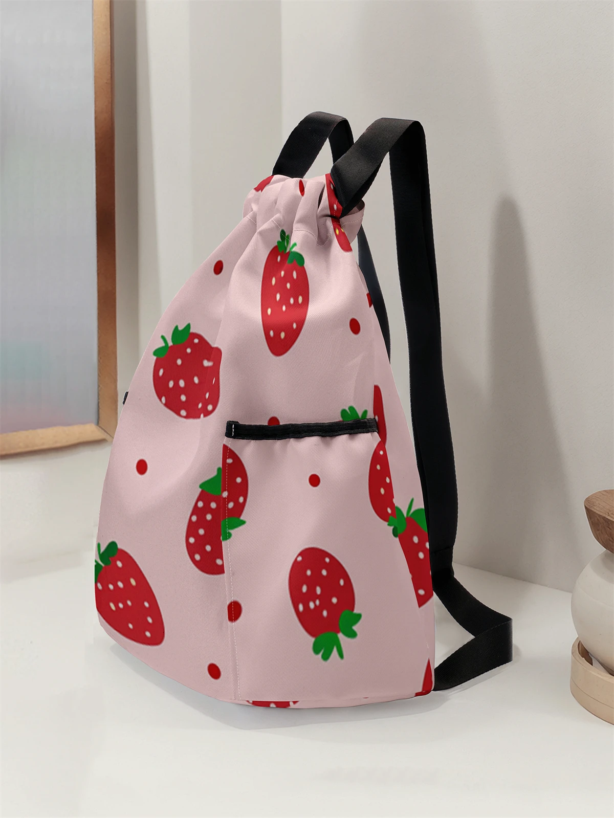 Strawberry Pattern Drawstring Backpack - Large Capacity Durable Fitness Bag, Adjustable Shoulder Straps, Sports Beach Backpack