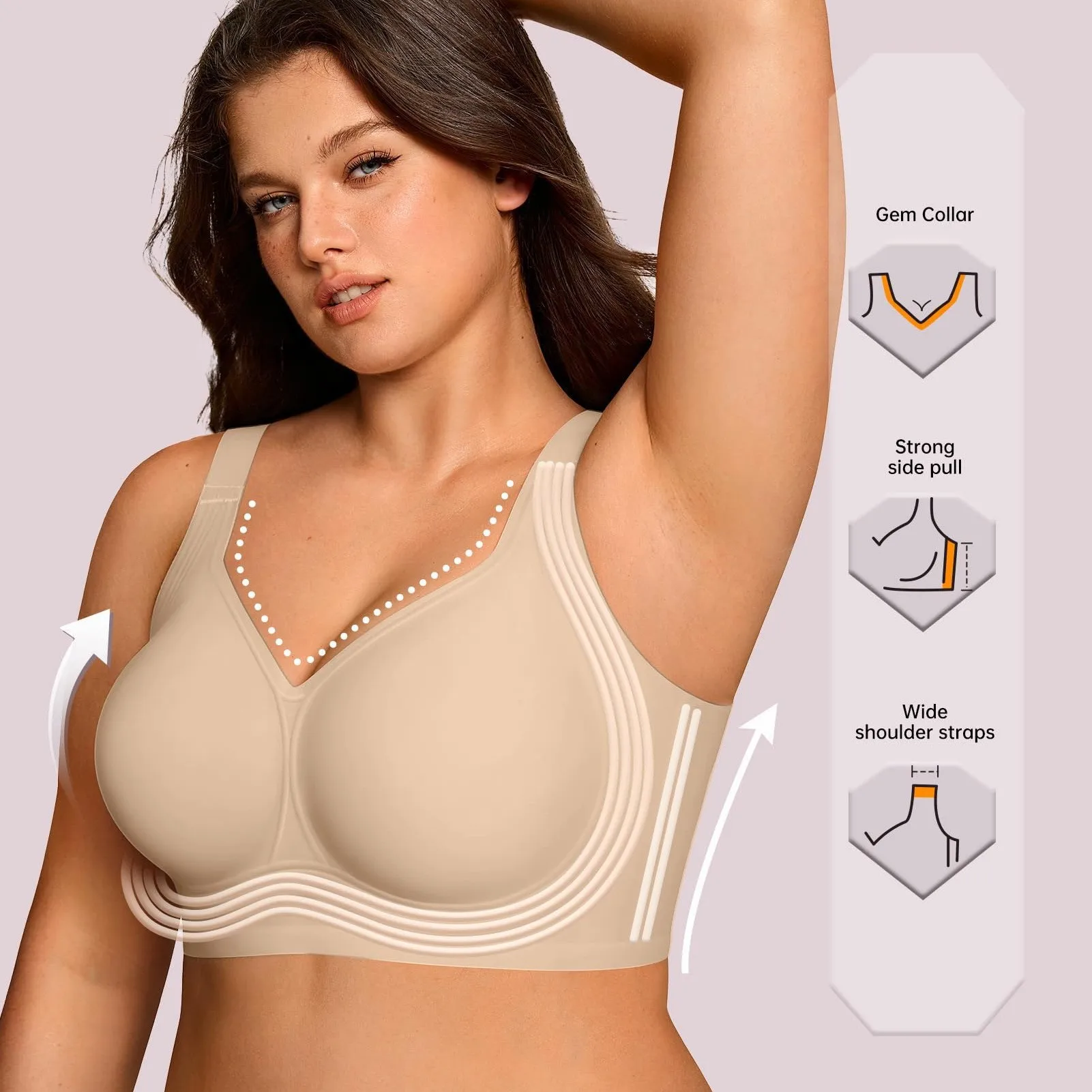 Women's Plus Size Full Coverage Wirefree Bra Anti-Sagging Push Up Seamless Shaping 4 Hook Back Closure Soft Nylon Daily Lingerie