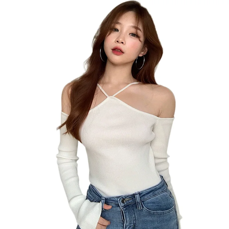 섹시한 여성 캐주얼 블라우스, 오프 숄더 티, 오프 숄더 슬림 긴 소매 핏 티셔츠
