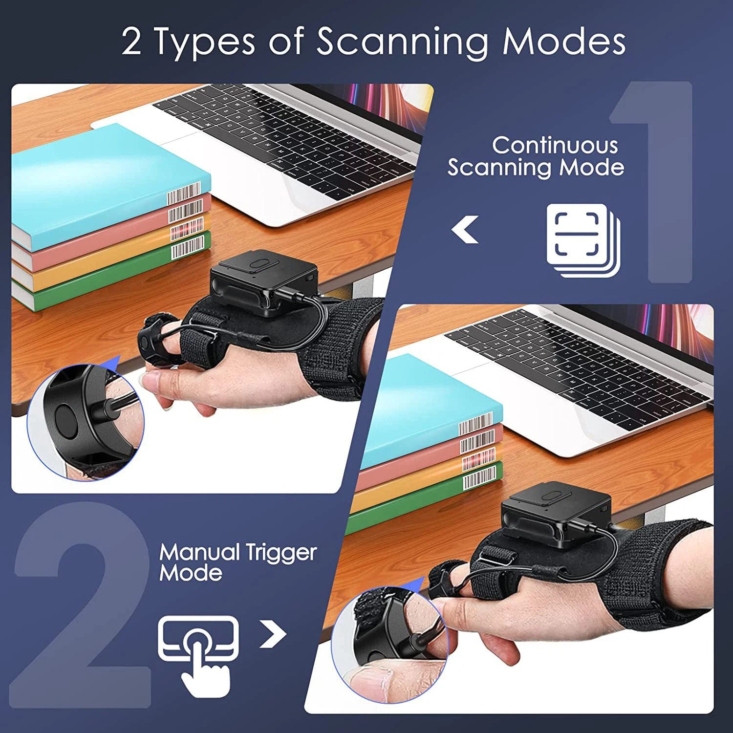 EVAWGIB 2D Bluetooth Barcode Scanner Wearable Glove Scanner 1D QR Wireless Bar Code Reader Finger code scanner