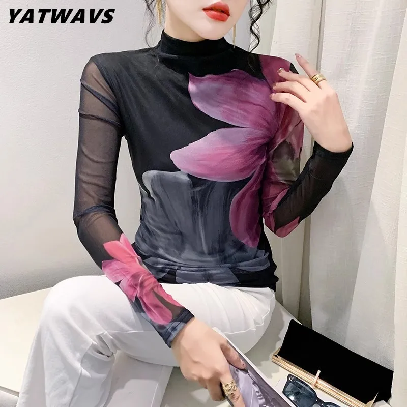 

Новинка Осень/Зима 2023, модная трендовая Сетчатая футболка с высоким воротником, женский тонкий изысканный эластичный Топ с длинным рукавом и принтом