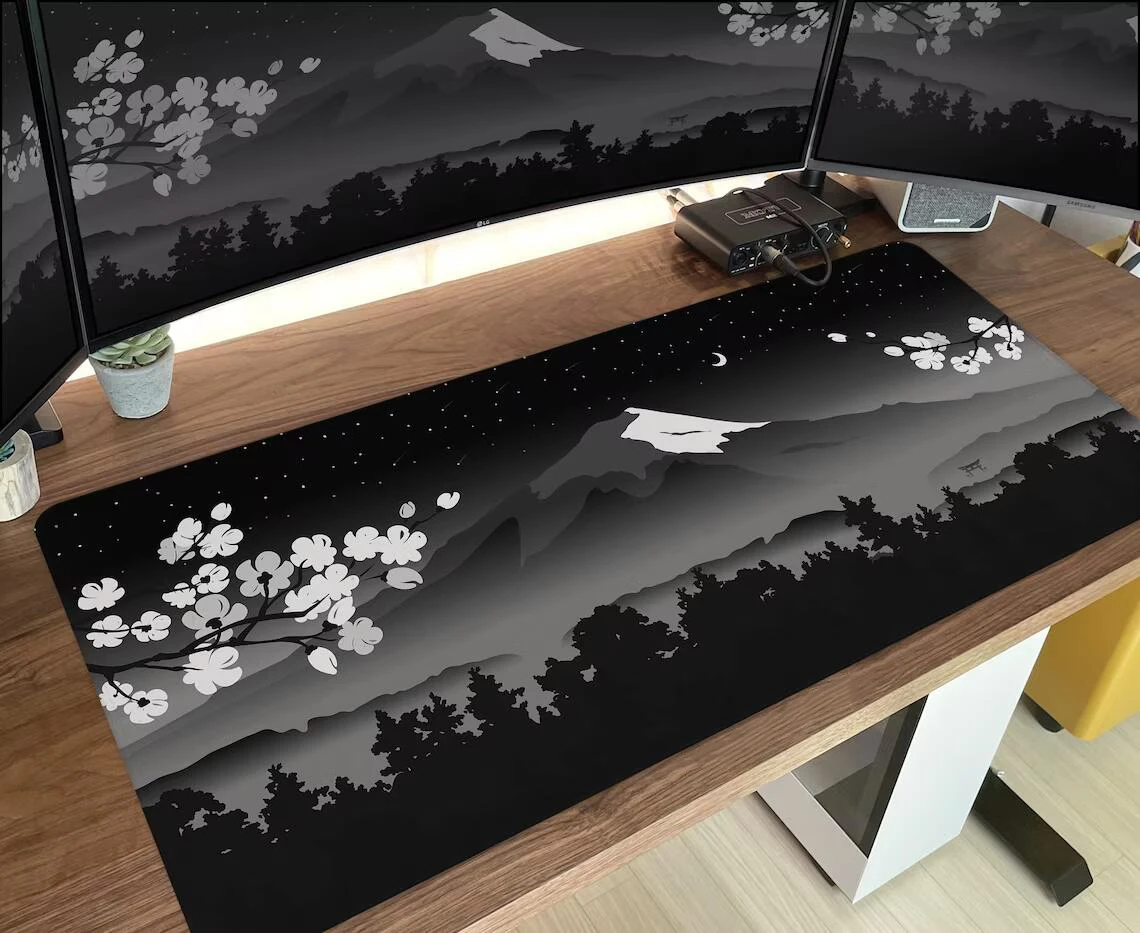 

Kawaii Desk Mat Black and White Forest Fuji Mountain Mousepad Large Grey Gaming Deskmat XXL Extended Mouse Pad Playmat Carpet