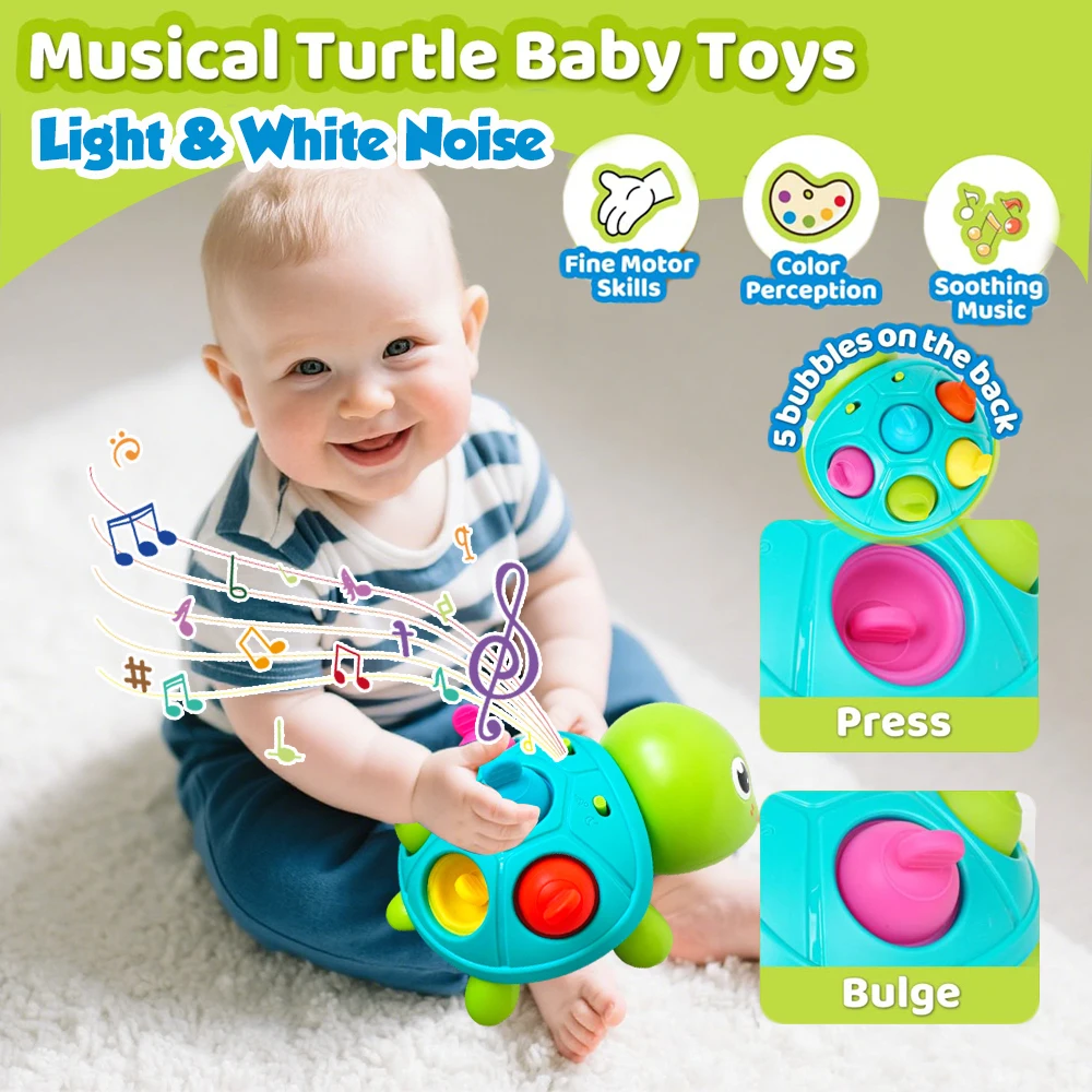 조명과 소리가 나는  음악 거북이 장난감 |   크롤링, 360 °   바퀴, 그라데이션 조명 |   손가락으로 누르는 버블, 배 시간 놀이용 장난감