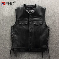 PFHQ 2023 Trendy Men's High Quality Leather Motorcycles Jackets Fashion New Sleeveless Vest Slim Fit Waistcoat Four Seasons Coat 1
