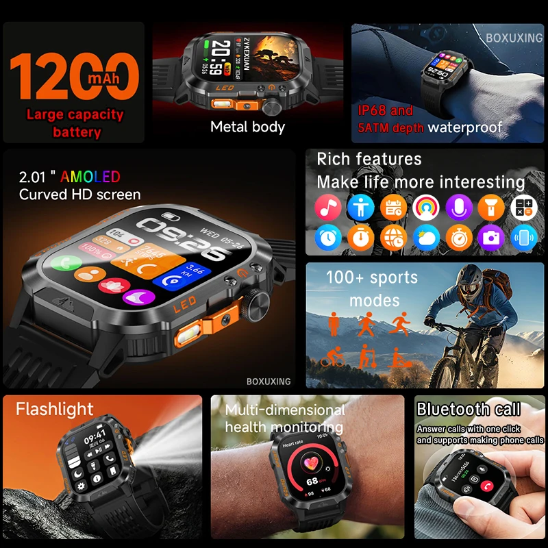 2026 New 1200 mAh Battery Military Smart Watch GPS Path 5ATM Waterproof Sports Run Tracker Outdoors Fitness Military Smartwatch 2
