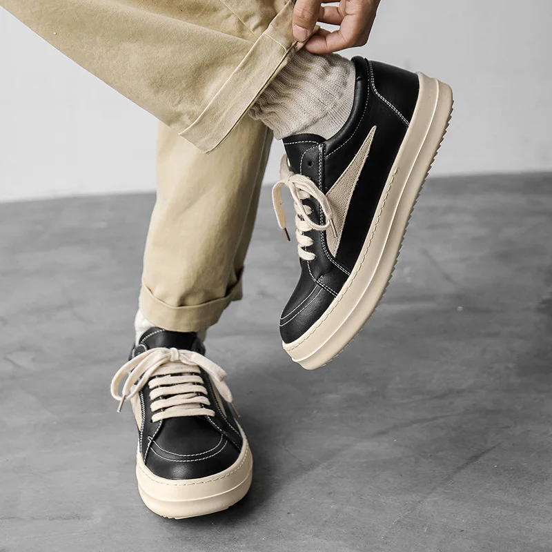 New Leather Student Couple Shoes Flat Black Fashion Trend All-match Casual Thick Baseplate Sneakers Comfort Lace-up Trainers