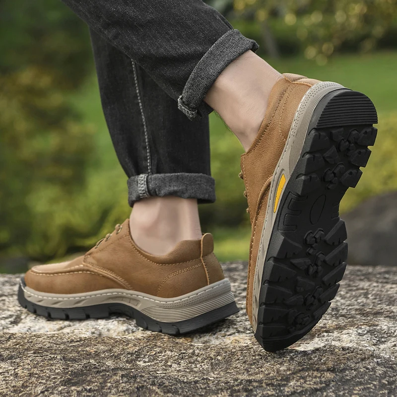 Outdoors Lace-up Shoes Man Non-Slip Casual Leather Shoes for Men Wear Resistant Walking Hiking Footwear Classic Comfy Climbing