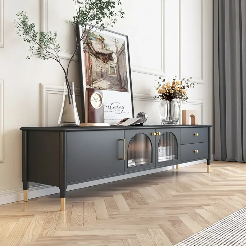 

French retro glass TV cabinet light luxury modern online celebrity black TV cabinet