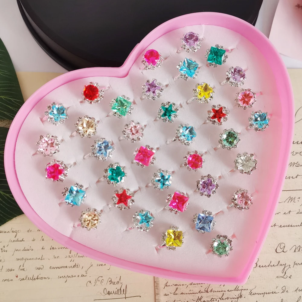 5/12/36PCS Adjustable Kids Crystal Rings Jewelry Heart Star Square Open Finger Ring For Children Girl Party Gift 3