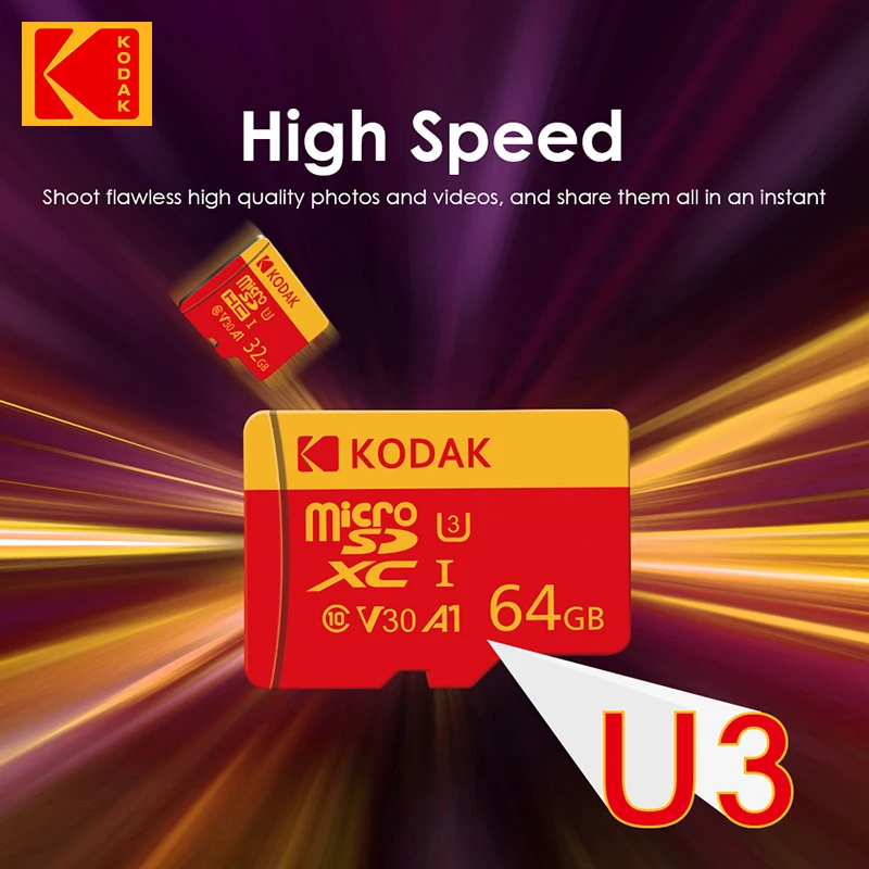 코닥 고속 필름 ? ? 마이크로 SD 카드 U3 클래스 10, 최대 100MB/s, 어댑터 포함 TF 메모리 카드 - 32GB, 64GB, 128GB 용량으로 제공