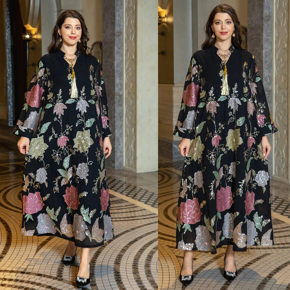 

Muslim Fashion Floral Embroidery Sequins Casual Abaya Long Sleeve Notched V-Neck Tassel Dress Moroccan Dubai Women Robe Ramadan