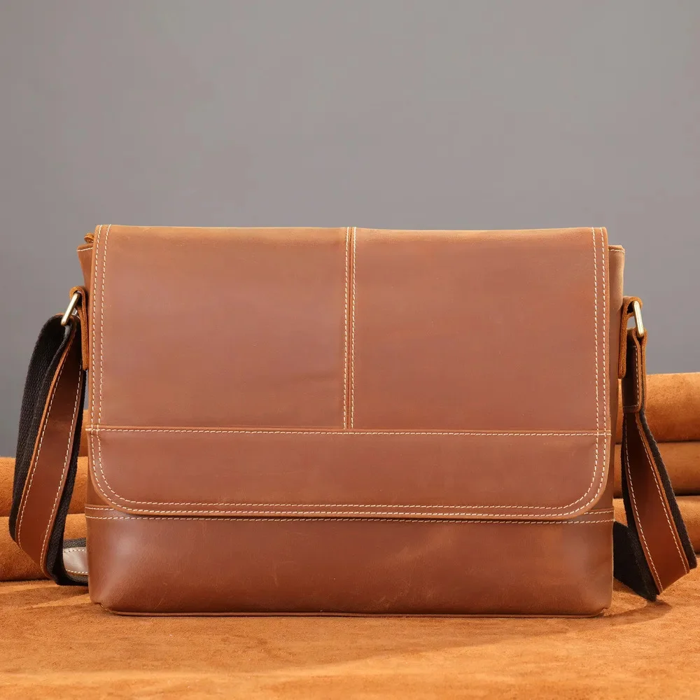 

European &American Retro Style Crazy Horse Leather Men's Messenger Bag Natural Large Capacity Top Layer Cowhide Shoulder