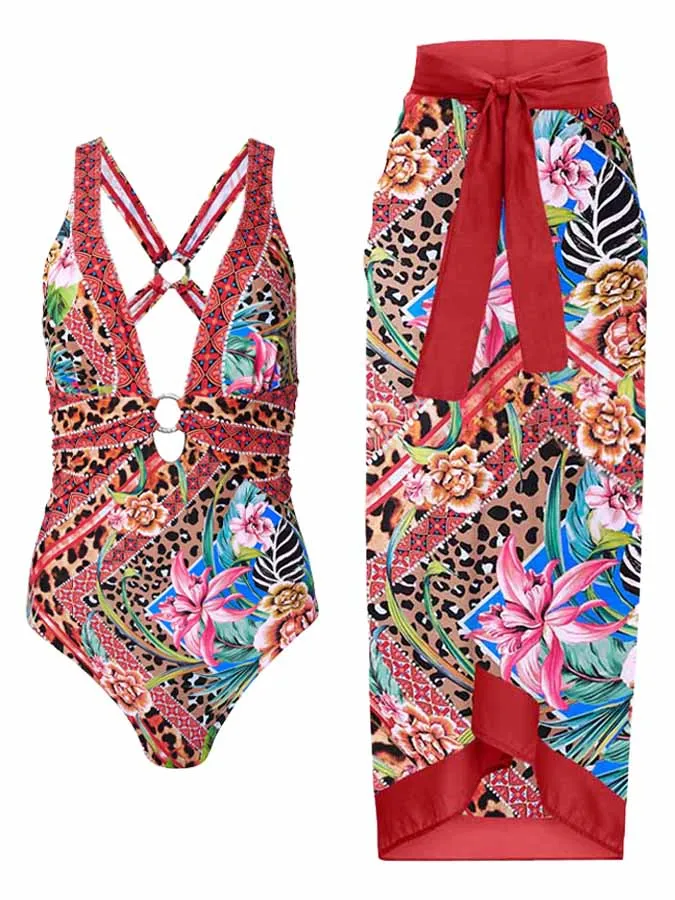 

Red fashion Retro Deep V Sexy One-piece Swimsuit Floral Print Famous Family Style Design Cross And Long Cover 2023 Summer Women