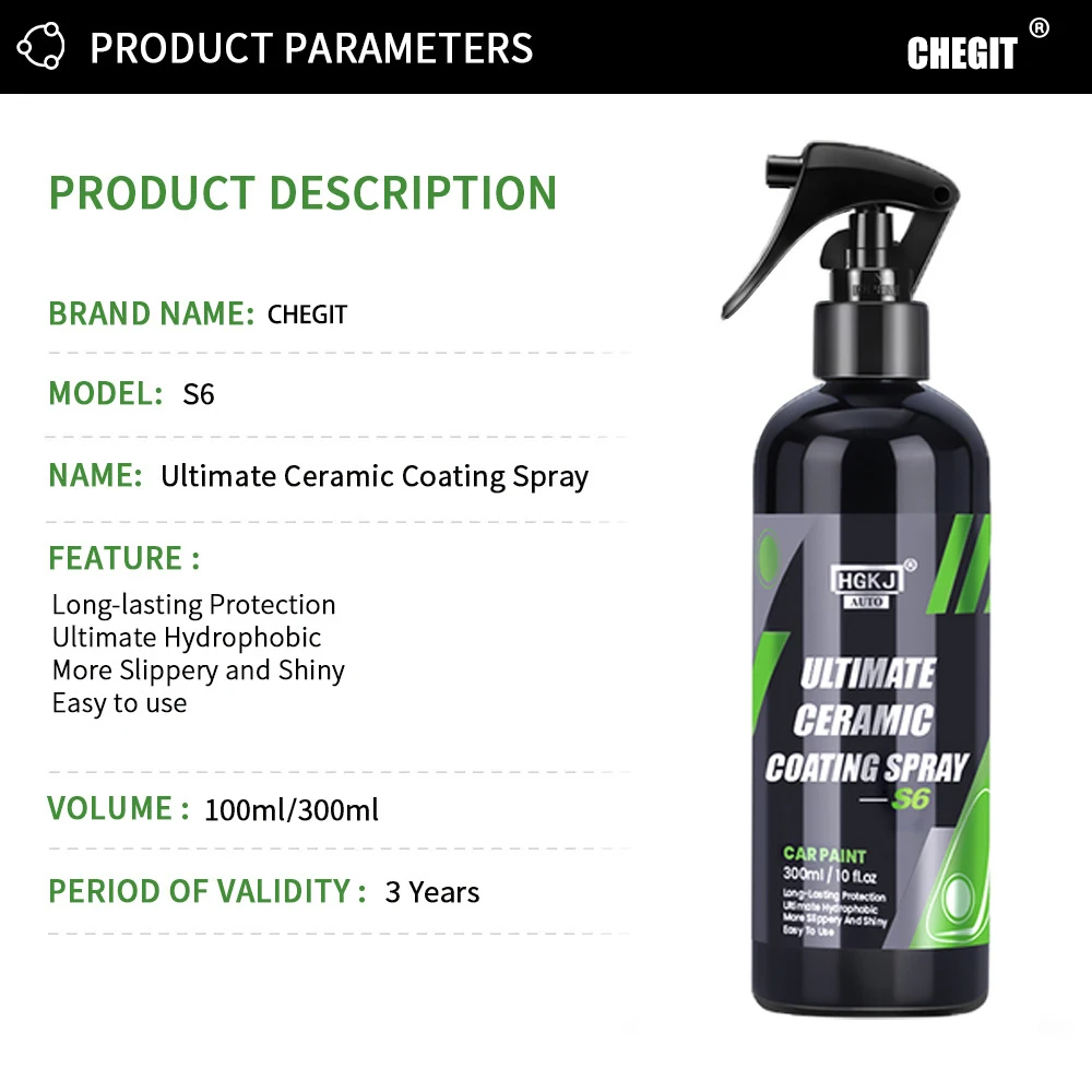 CHEGIT S6 Ceramic Coating Spray Hydrophobic High Gloss Paint Protection 9H Nano Top Long Lasting Wax Car Care Detail Car Coating Spray Car Coating Agent