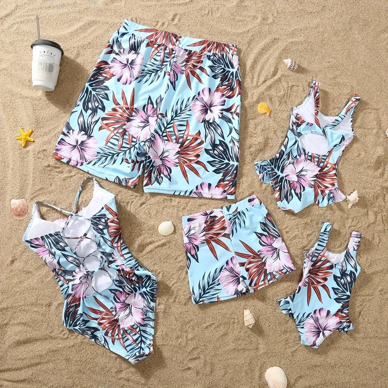 2025 New Mom Daughter Matching Clothes Floral One-Piece Suit Swimwear Girls Back Bandage Swimsuit Boys Swimming Trunks Beachwear 2