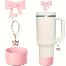 Set of 3 Cute Reusable Silicone Bow Straw Cap Covers and Water Bottle Protective Boots (Pink)
