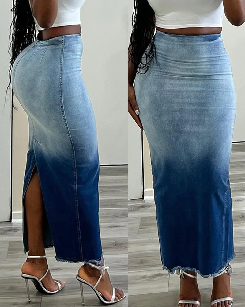 

Ombre Tie Dye Print Raw Hem Denim Dress Women High Waist Sexy Slim Skinny Sheath Summer Spring Ankle Length Skirts