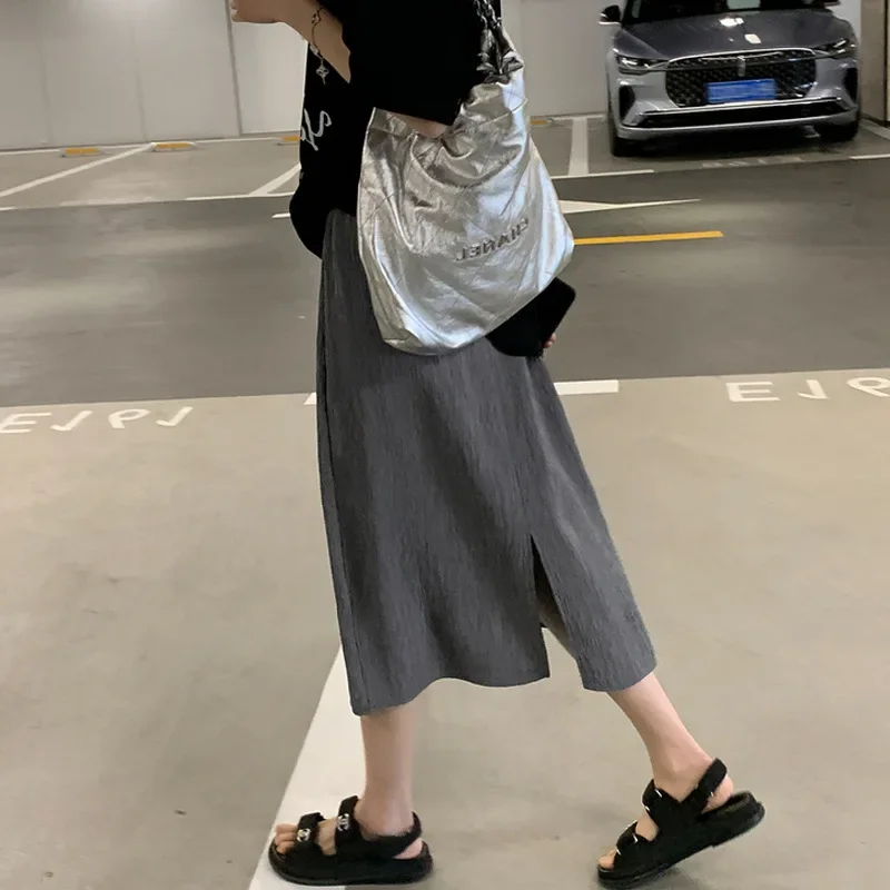 Maternity Midi Skirt Textured Folded Women Summer Thin Loose Long Straight Slit Skirts Maternity Dresses Female Belly Cover