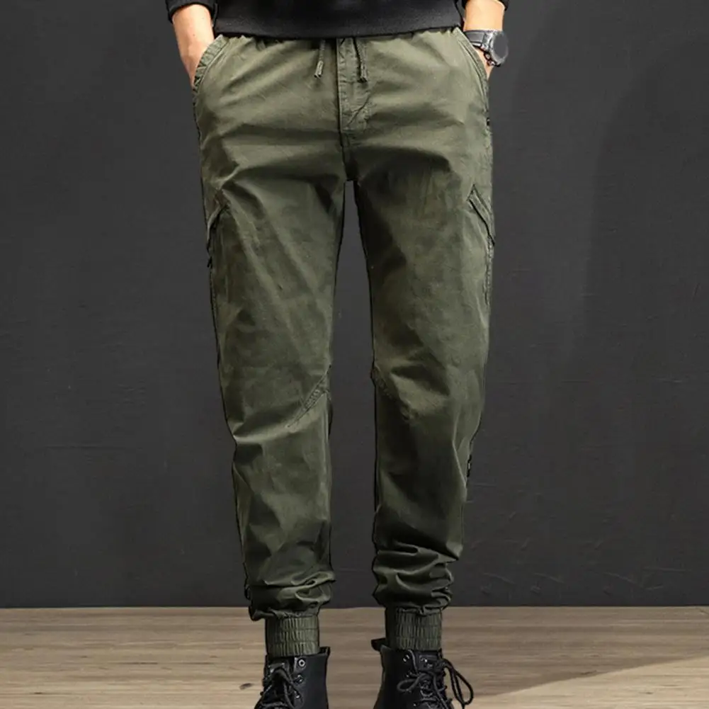 

Men Pants Breathable Mid Waist Men's Cargo Pants with Elastic Drawstring Ankle-banded Loose Fit Multiple Pockets Solid Color Men