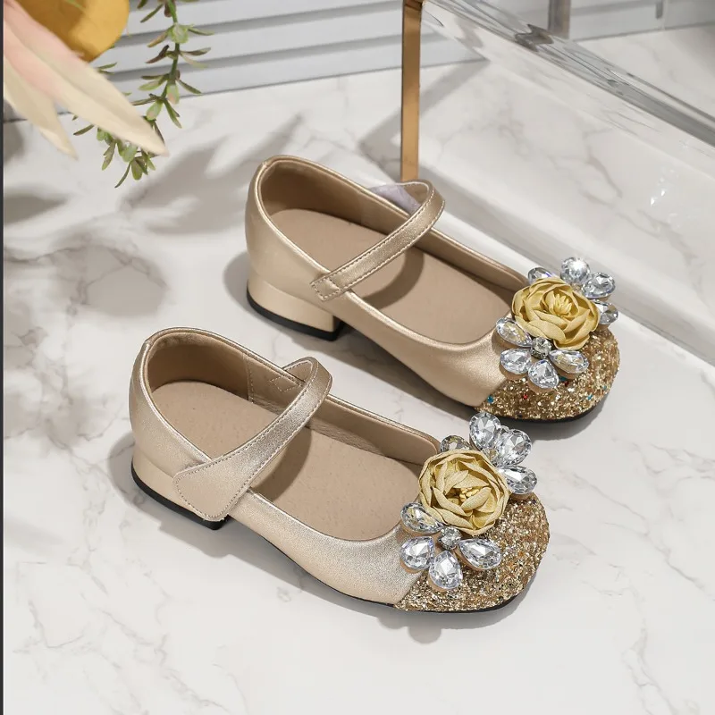 Girls Leather High Heel Shoes with Rhinestone for Wedding Party