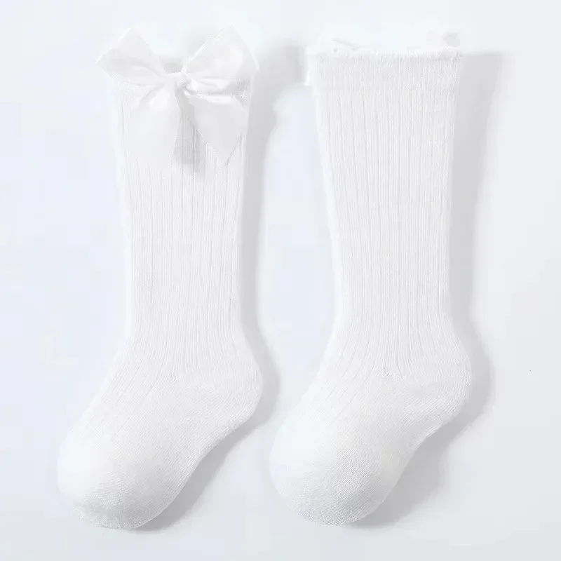 여아용 코튼 니삭스, 큰 리본 니하이 롱삭스, 미끄럼 방지 공주풍 아동 양말, 가을 겨울 스타일