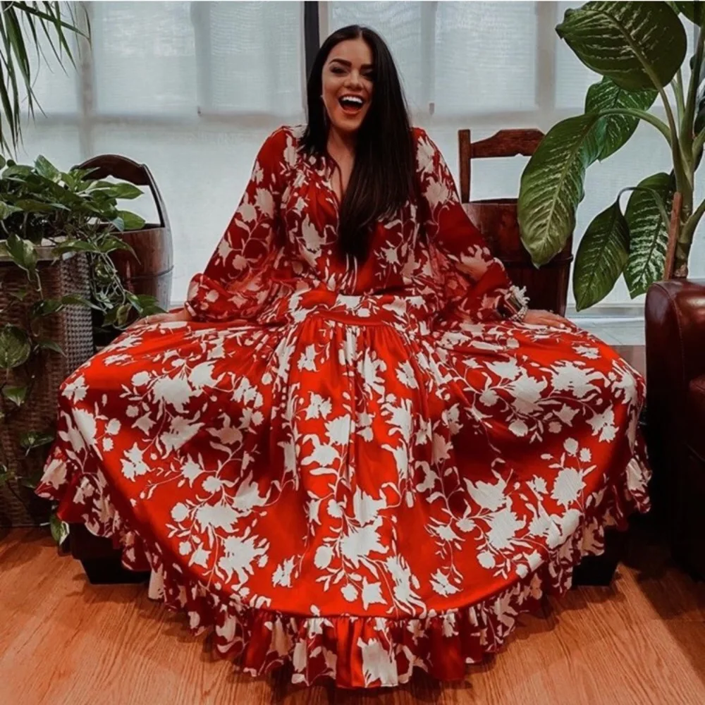 

Летнее пляжное платье-макси с длинным рукавом, женское длинное шифоновое платье с цветочным принтом в стиле бохо, женская одежда, новые стили 2024