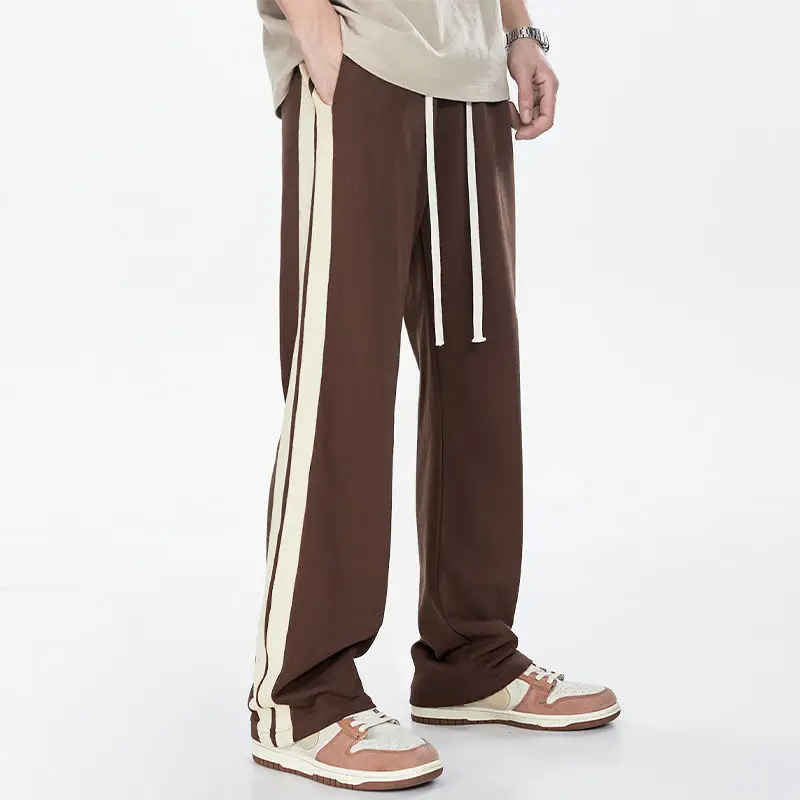 Korean Fashion Men Clothing Harajuku Straight Pants Spring Autumn New Streetwear Casual Contrast Striped Loose Wide Leg Trousers