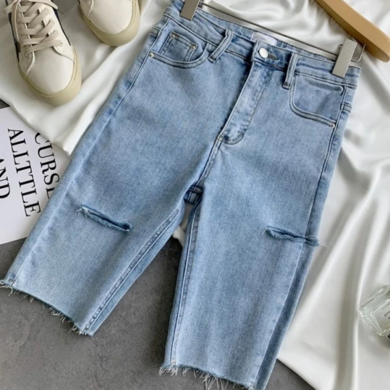 dickies shorts Summer Plus Size Black Tassel Stretch Jean Shorts Women Denim Knee-Length Pants Hole Jeans Casual High Waist Shorts Streetwear linen shorts