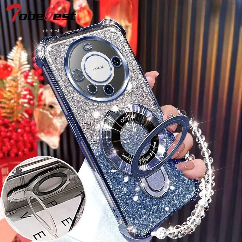 Glitter Plating Shockproof Magnetic Holder Phone Case with Bracelet Cover